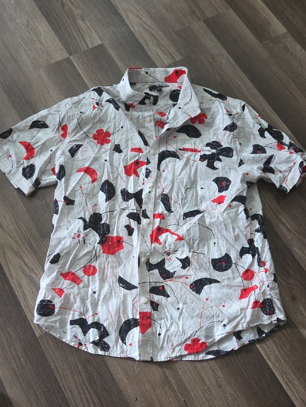 Murano White Short-Sleeve Button-Down with Red & Black Floral Print Size Large